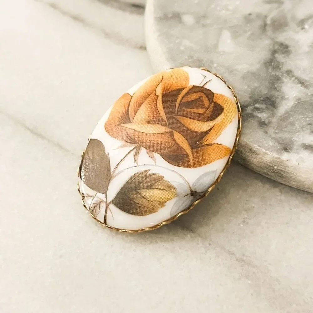 Vintage Rose Brooch Pin Transfer Design Brown Gold Toned Metal Cabochon‎ Regency